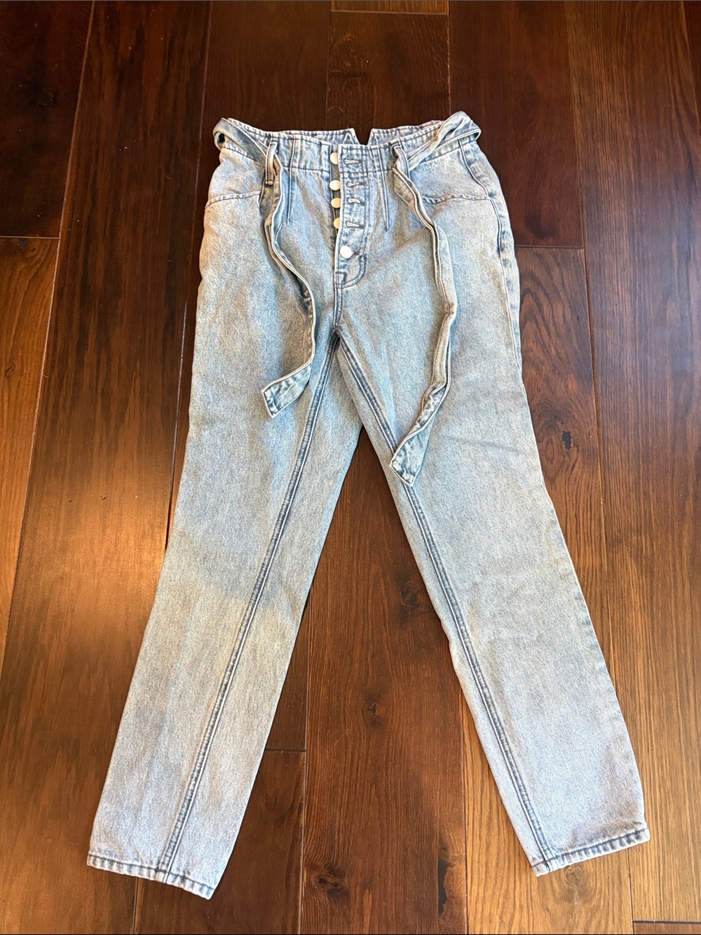 GRLFRND Light Blue High-Rise Paperbag Button-Fly Jeans